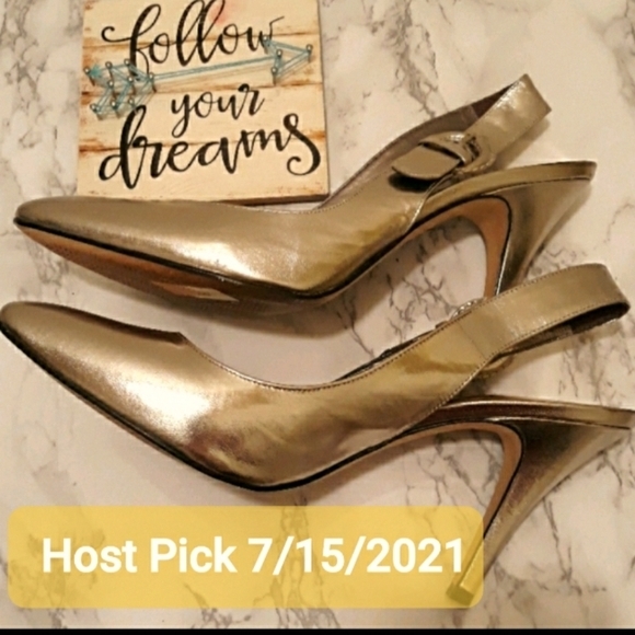 Antonio Melani Leather Gold Sling Back Heels - Picture 2 of 7